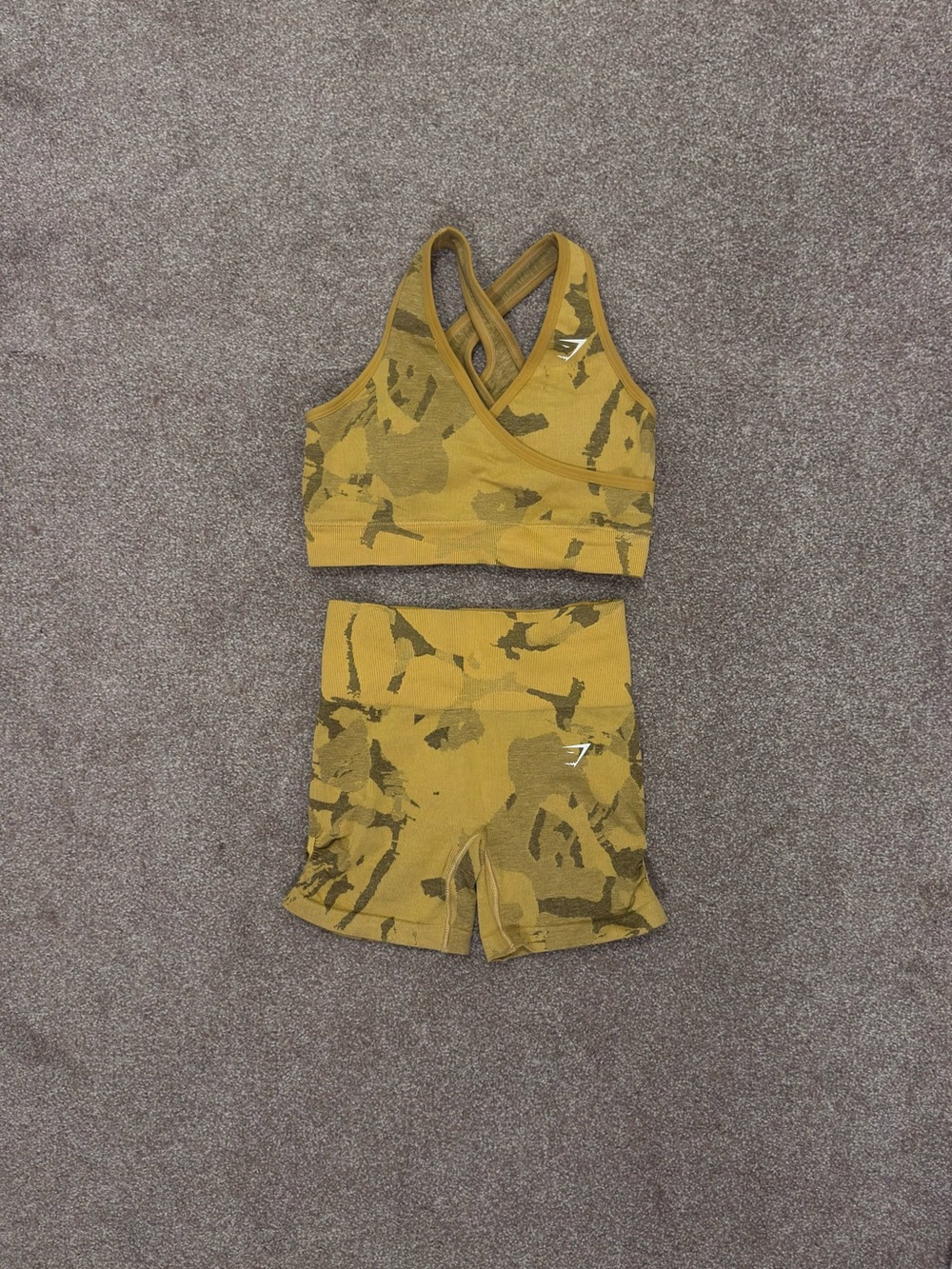 Gymshark Seamless Mustard Camo Sports Bra & High-Waist Shorts Set